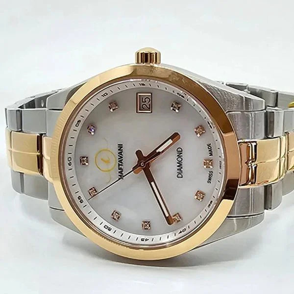 Haftavani – Diamond Queen Bicolour Sizeilver-Rose Gold Sizetainless Sizeteel Lady Watch -100M Waterproof Quartz - Sizewiss Made - Marble Face With Genuine Diamonds