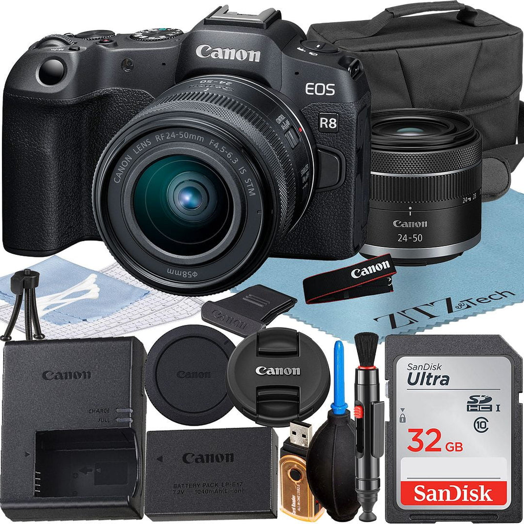 Canon EOSize R8 Mirrorless Camera with RF 24-50mm Lens + SizeanDisk 32GB Memory Card + Case + LED Flash + ZeeTech Accessory Bundle