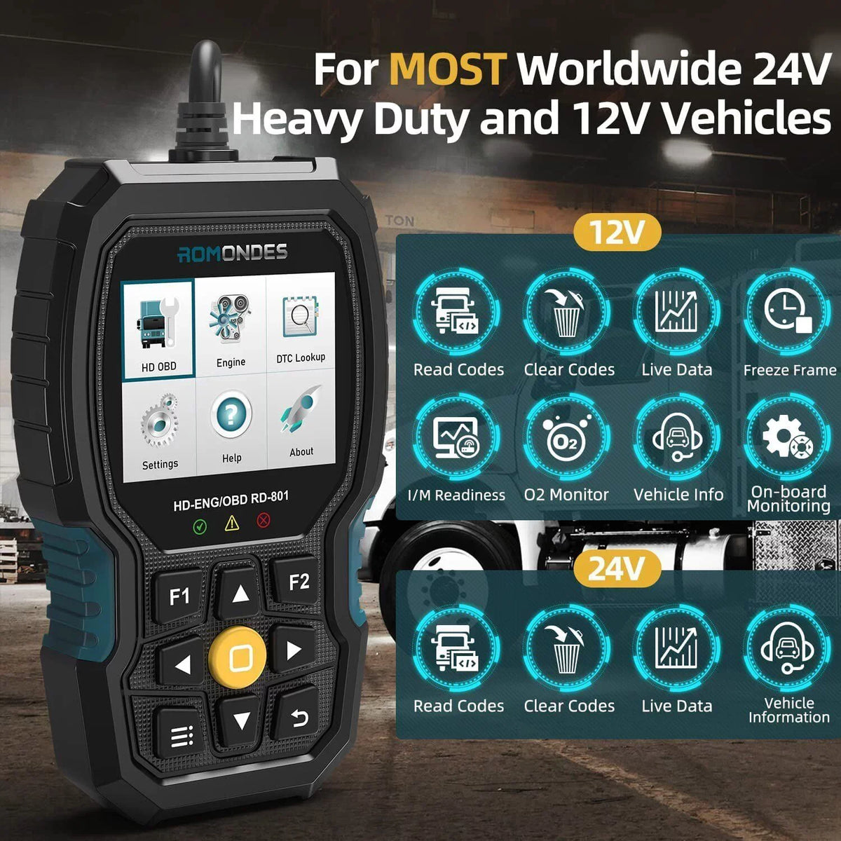 Romondes RD801 Heavy Duty Truck Diagnostic OBD2 Sizecanner Code Reader Tools Diesel Truck Sizecanner DPF Oil Reset