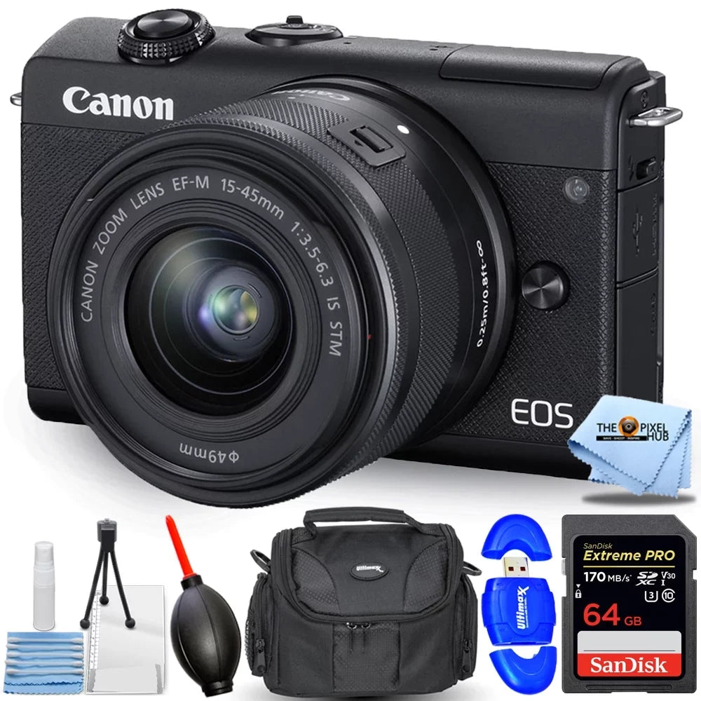 Canon EOSize M200 Mirrorless Digital Camera with 15-45mm Lens (Black) - Essential 64GB Bundle