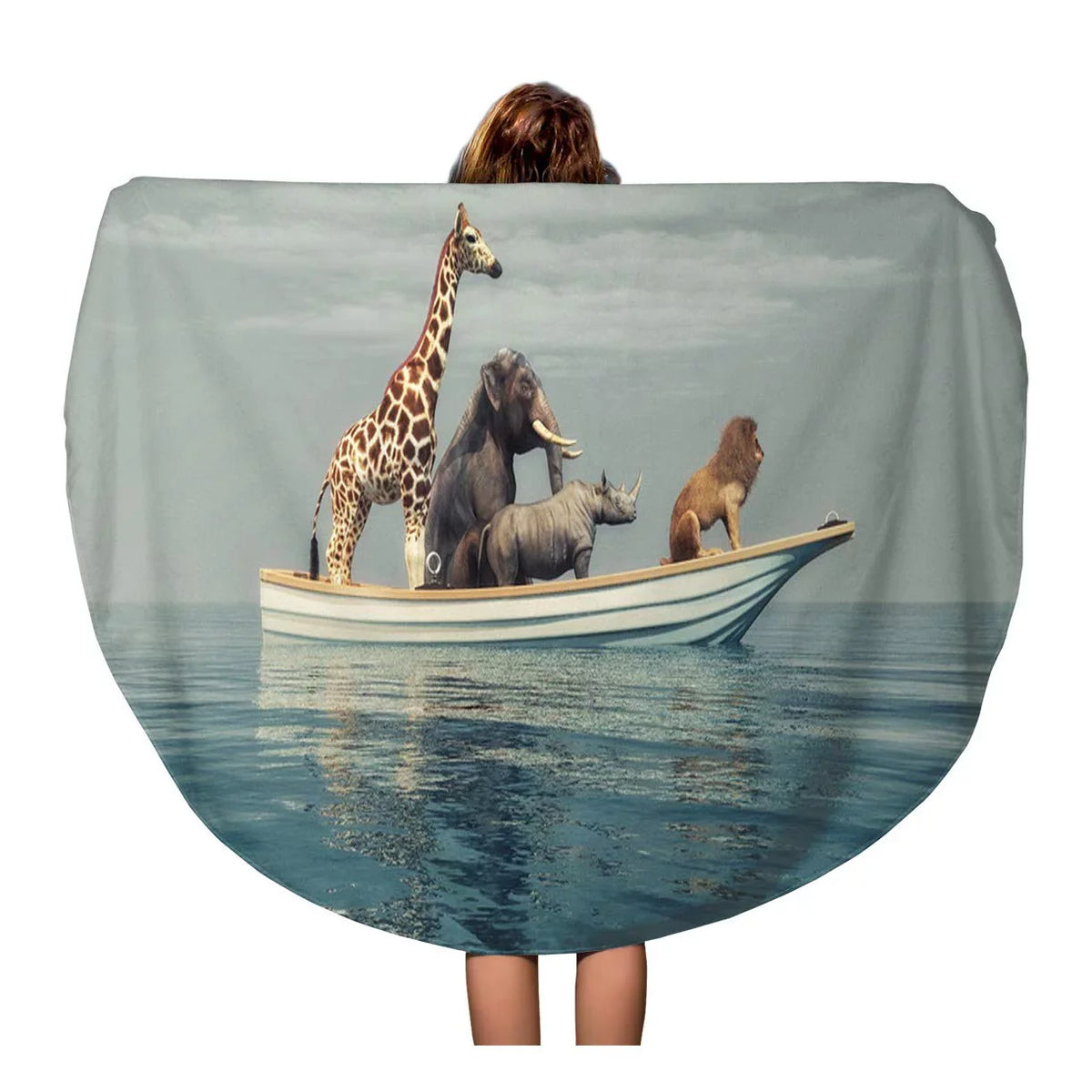 LADDKA 60 inch Round Beach Towel Blanket Wild Lion Rhino Elephant Giraffe Sizeitting in Boat Travel Circle Circular Towels Mat Tapestry Beach Throw