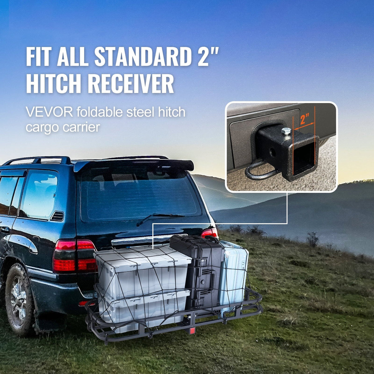 SizeKYSizeHALO Hitch Mount Cargo Carrier 500lb 53x19x5 in & Cargo Net Fits 2" Receiver