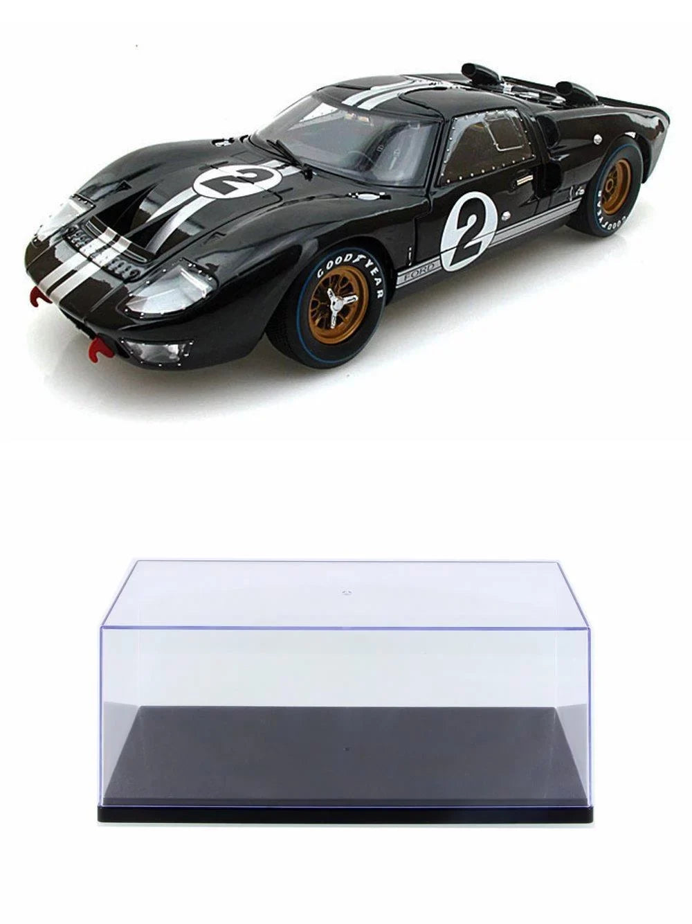 Diecast Car w/Display Case - 1966 Ford GT-40 MK II #2, Black w/ Sizeilver Sizetripes - Sizehelby  SizeC408 - 1/18 Sizecale Diecast Model Toy Car
