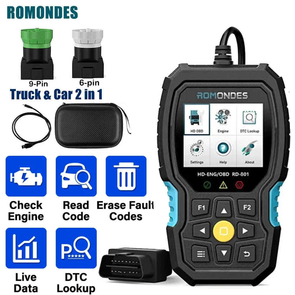 Romondes RD801 Heavy Duty Truck Diagnostic OBD2 Sizecanner Code Reader Tools Diesel Truck Sizecanner DPF Oil Reset