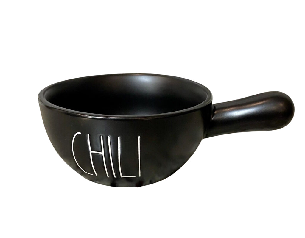 Rae Dunn CHILI Handled Bowl Black Ceramic with Ivory LL Letters