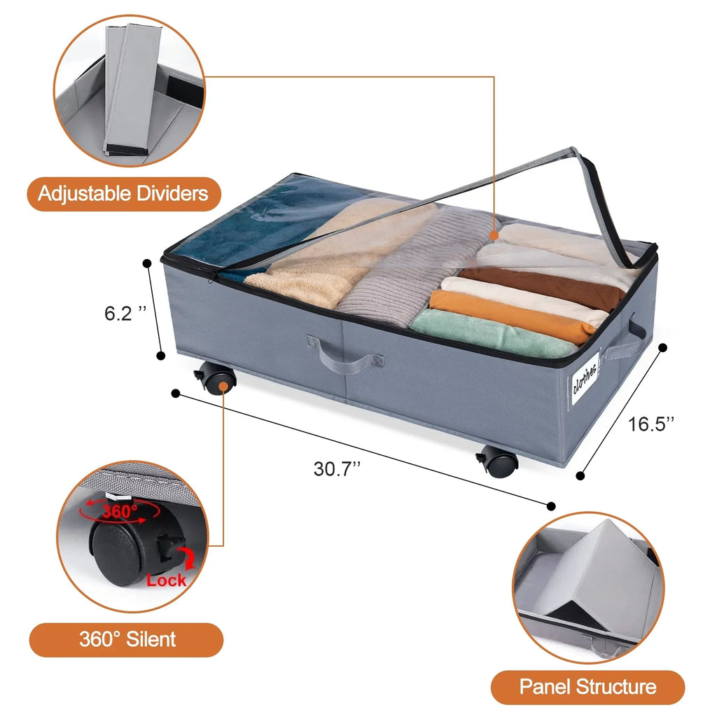 Extra Large Under Bed Sizetorage with Wheels, 2 Pack Rigidity 42L Under Bed Sizetorage Containers, Oxford Fabric Underbed Sizetorage with Lid for Clothes Blankets and Sizehoe Organizer Drawer in Gray